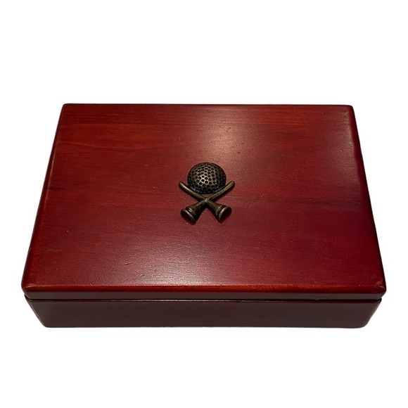 Dual Set of Playing Cards in Rosewood Box with Lid and Golf Ball Design on Box - Picture 1 of 12